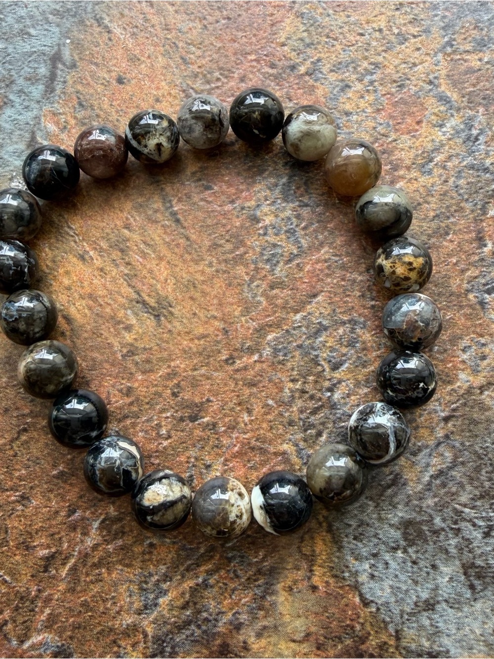 Large Natural Agate Bead Stretch Bracelet in Brown and Black. For larger wrists